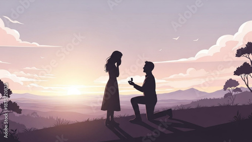 Man Proposing to Woman at Sunset on Hilltop with Mountains in Background
