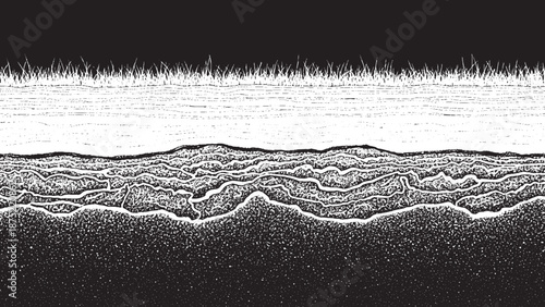 Abstract monochrome landscape with textured layers and organic forms.