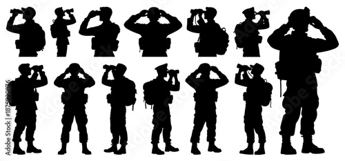 Military Soldier and Infantry Silhouettes Set with Binoculars and Tactical Gear on Transparent Background