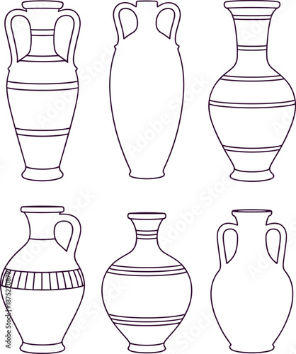 Ancient ceramic vases illustration collection, Greek and Roman pottery styles, vintage amphora jars, decorative historical art isolated background