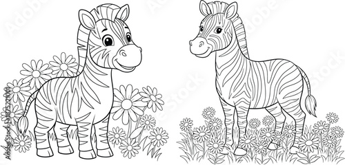Adorable baby zebra standing gracefully in a field of blooming daisies, perfect for childrens designs