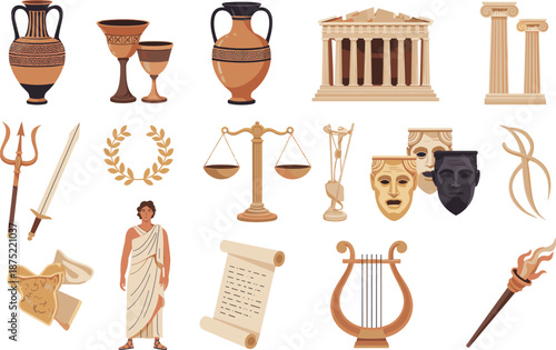 Ancient Greek culture illustration set, with pottery temples columns mythology theater symbols classical art icons vector design collection history archaeology