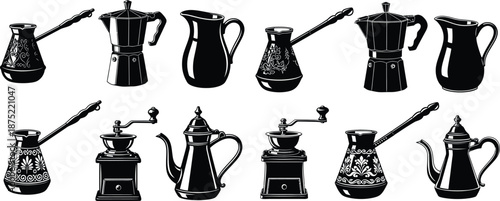 An assorted collection of coffee making equipment including Moka pots, grinders, and elegant Turkish coffee pots