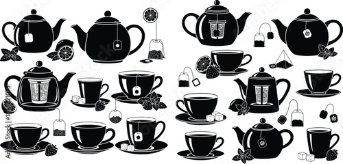 An assortment of hot tea related silhouettes, featuring teapots, cups, bags, and garnish elements for beverage menus