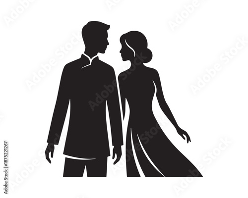Elegant Couple Silhouette in Wedding Attire Isolated on White Background, Romantic Love and Marriage Concept
