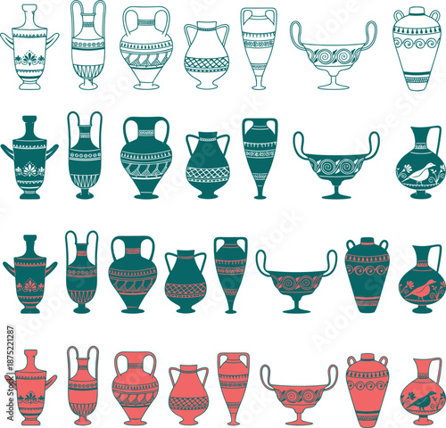 Ancient Greek pottery illustration collection, ceramic vases amphora bowls black figure red figure styles, classical art vector set
