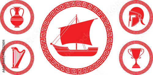 Ancient Greek symbols illustration with sailing ship, pottery, helmet, harp, trophy, classical mythology icons in circular ornamental frames