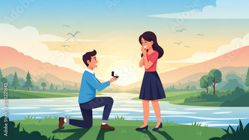 Man Proposing to Woman on One Knee by Lake during Sunset