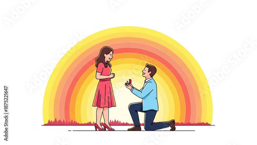 Man Proposing to Woman Kneeling on One Knee in Front of Rainbow Background