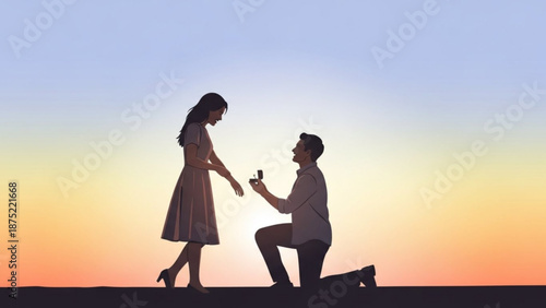 Man Proposing to Woman at Sunset on One Knee with Ring