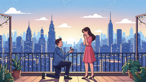 Man Proposing to Woman on Rooftop Terrace with City Skyline during Sunset