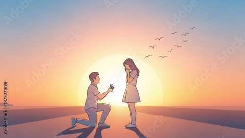 Man Proposing to Woman on Beach at Sunset with Birds Flying
