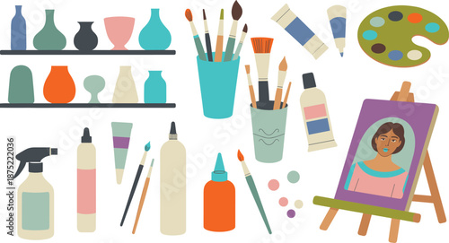 Art studio illustration with painting tools, brushes, color palette, easel portrait