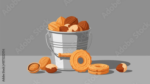 A bucket of nuts and cookies arranged on a gray surface with a gray background