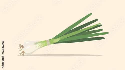 A bunch of green onions lies on a light brown surface, casting a subtle shadow