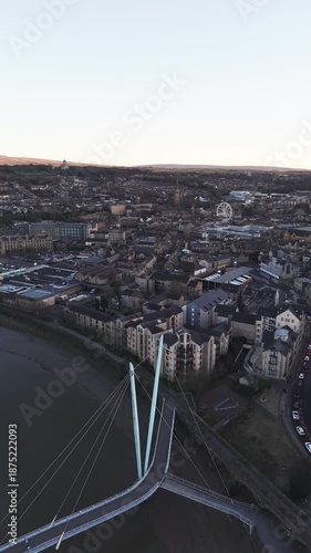 4K: Aerial Drone shot of Lancaster, UK City Centre in Winter. Towards Town Hall with Big Ferris Wheel. Vertical. Stock Video Clip Footage