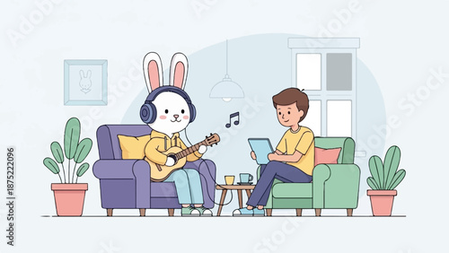 A bunny in headphones plays guitar while a boy uses a tablet in a cozy living room
