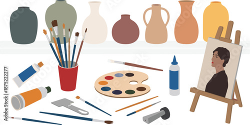 Art studio illustration with painting tools, brushes, color palette, easel portrait