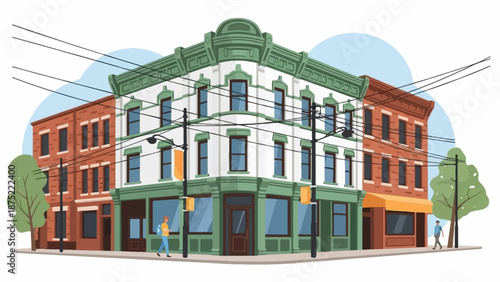 A charming corner building with apartments above shops, a street scene