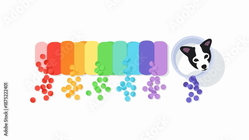 A charming dog looks out of a circular frame, surrounded by colorful rainbow-hued objects