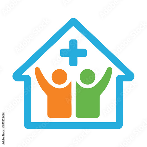 Colorful icon of people in a house with a medical cross