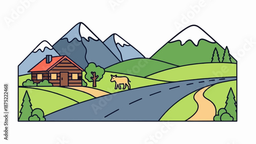 A charming log cabin sits nestled amidst rolling green hills and majestic snow-capped mountains, with a lone animal near a winding road