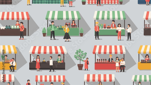 A charming pixel art scene depicts a bustling outdoor market with various stalls and people interacting