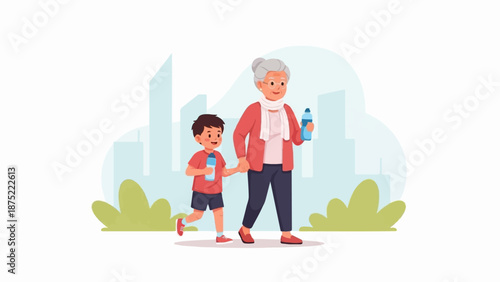 A cheerful boy and his grandmother hold hands, walk, and drink from bottles