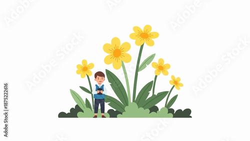 A cheerful boy stands amongst vibrant yellow flowers and green foliage