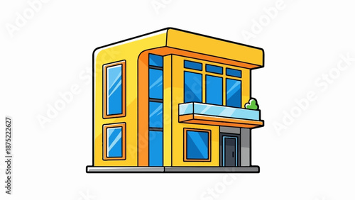 A cheerful cartoon building with bright yellow walls and blue windows