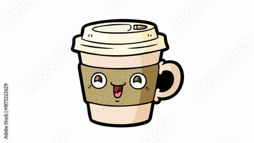 A cheerful cartoon coffee cup with a lid and handle, eyes wide, smiling broadly