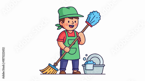 A cheerful cartoon worker in green apron and cap sweeps with a broom and holds a duster, near a wash basin