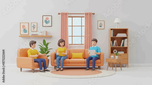 A cheerful cartoon-style living room scene with three people casually interacting
