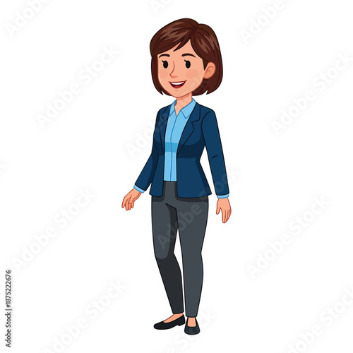 Cartoon illustration of a smiling woman with short brown hair wearing a blue shirt, dark blue blazer, and grey pants, standing.