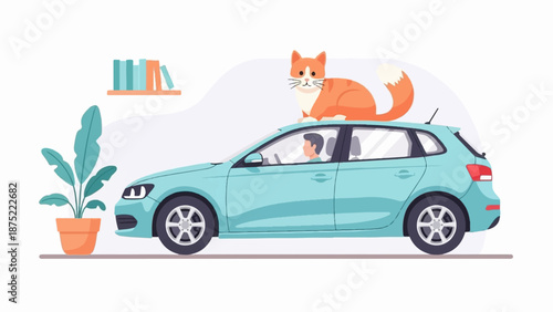 A cheerful cat sits atop a teal car as a person drives, next to a potted plant