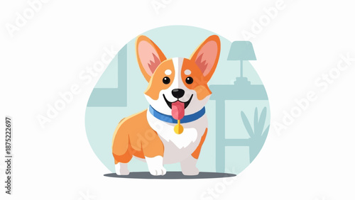 A cheerful corgi dog with a blue collar and golden tag, sitting indoors