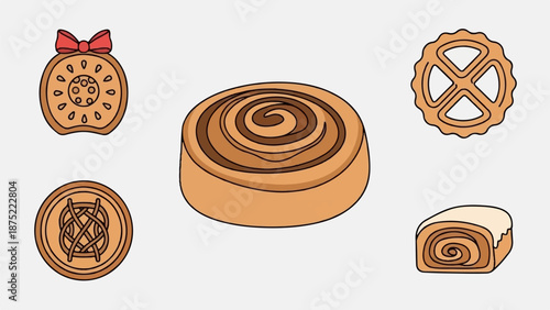 A collection of sweet baked treats, including a large cinnamon roll and decorated cookies