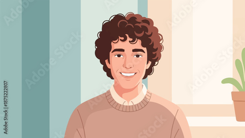 A cheerful man with curly brown hair smiles warmly, wearing a light brown sweater