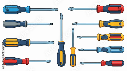 A collection of ten assorted screwdrivers with colored handles