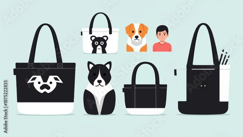 A collection of tote bags featuring animal designs, a person, and art supplies