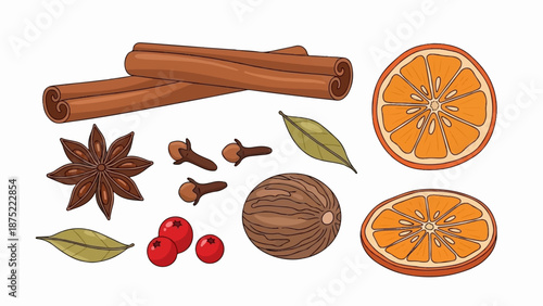 A collection of warming spices including cinnamon, star anise, cloves, nutmeg, orange slices and berries