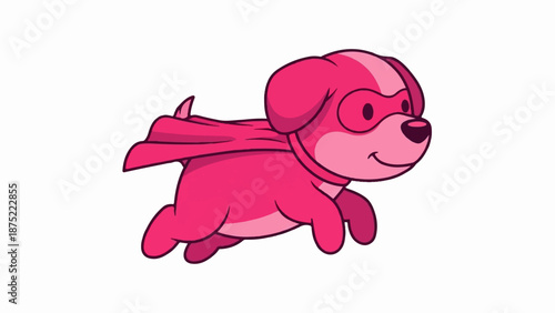 A cheerful pink cartoon dog with a cape and mask runs fast