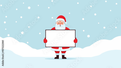 A cheerful Santa Claus holds a blank sign in a snowy winter scene, awaiting a message
