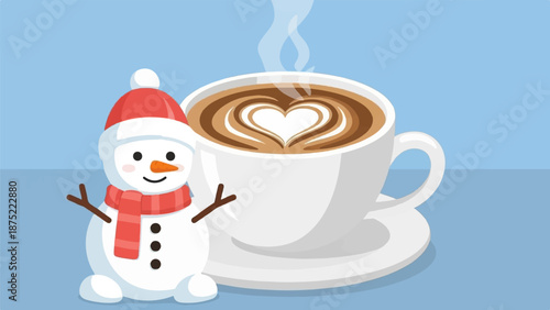 A cheerful snowman in a red hat and scarf sits next to a steaming cup of coffee