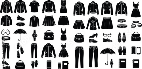 Comprehensive set of flat monochromatic icons depicting everyday fashion items and personal belongings