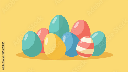 A colorful assortment of painted eggs sits in a row on a bright yellow background
