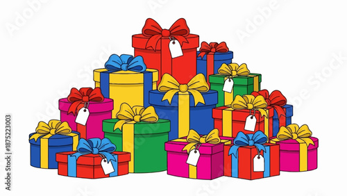A colorful assortment of gift-wrapped boxes, stacked in a festive arrangement