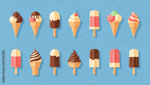 A colorful and varied collection of frozen desserts arranged on a blue background