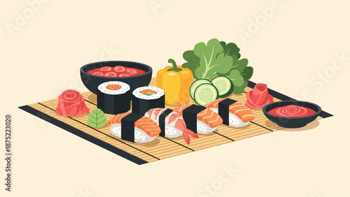A colorful assortment of sushi and accompaniments artfully arranged on a bamboo mat