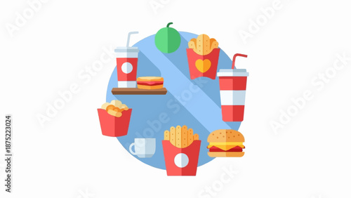 A circular arrangement of fast food items like burgers, fries, popcorn, and drinks